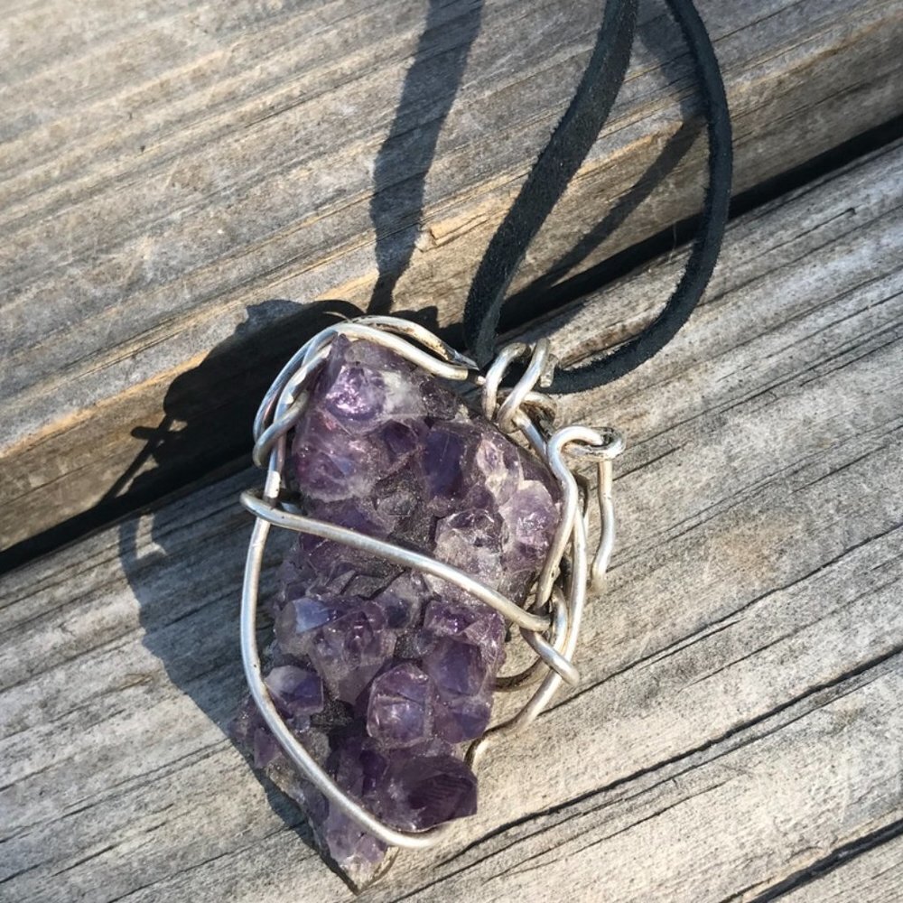 Genuine Amethyst Sterling Silver Natural Gemstone Pendant Necklace Drusy Druzy